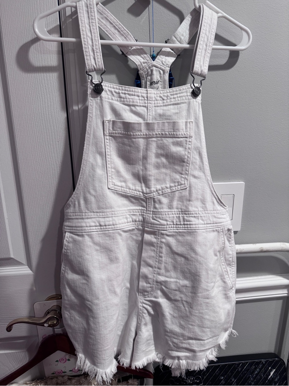 Aerie White Denim Short Overalls - Classic Pocket Bib